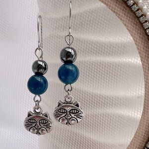 Dangle Earrings Hematite, Blue Jade and Cat Charms